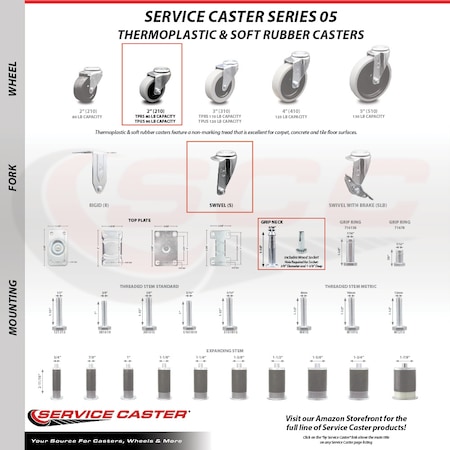 Service Caster 2 Inch Polyurethane Wheel 5/16 Grip Neck Stem Caster, 4PK SCC-GN05S210-TPUS-4
